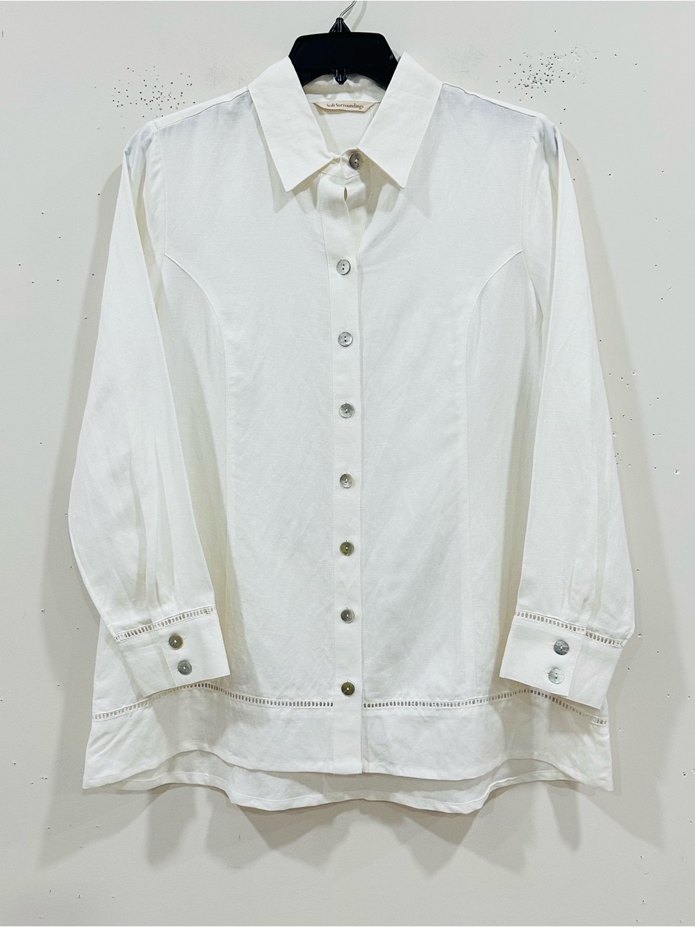 Soft Surroundings White Button Up Blouse Lace Trim Women Size L Linen Blend